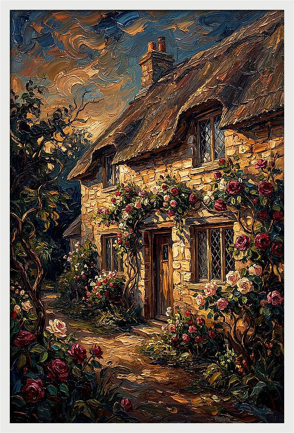 Stone Cottage Framed By Roses