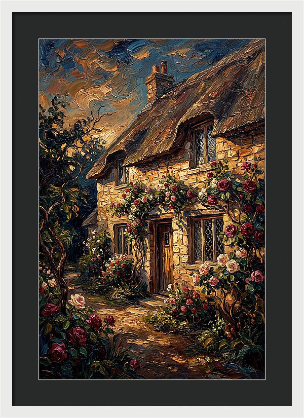 Stone Cottage Framed By Roses