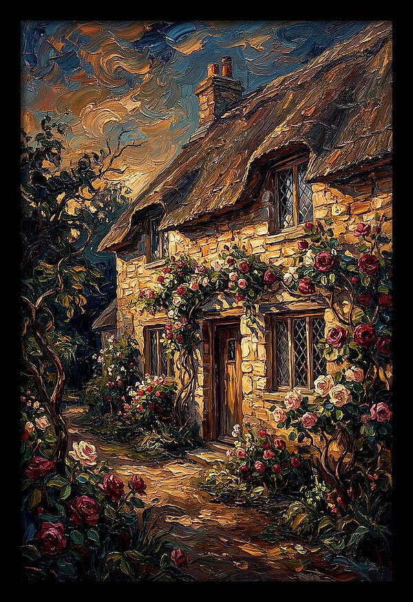 Stone Cottage Framed By Roses