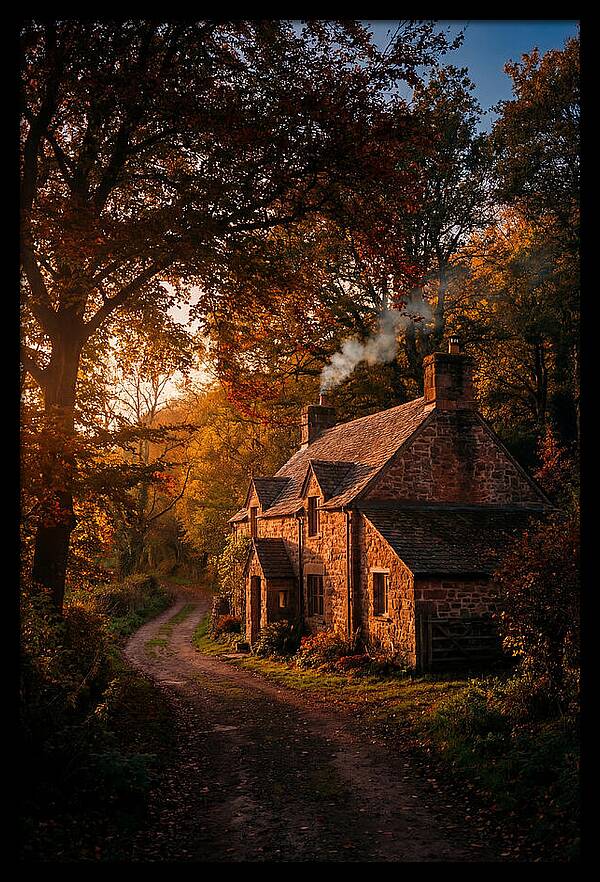 Stone Cottage In Autumn Glow
