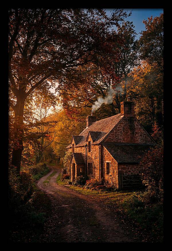 Stone Cottage In Autumn Glow