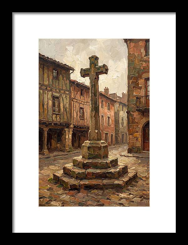 Stone Cross In Medieval Town Square