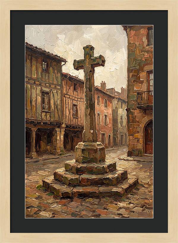 Stone Cross In Medieval Town Square