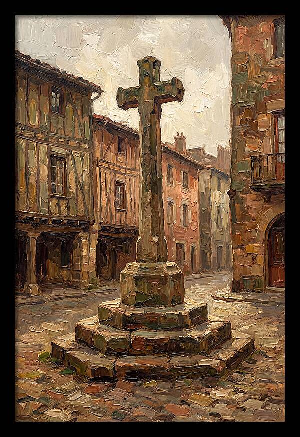 Stone Cross In Medieval Town Square