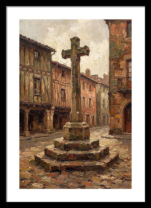 Stone Cross In Medieval Town Square