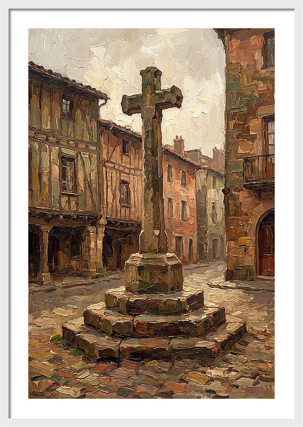 Stone Cross In Medieval Town Square