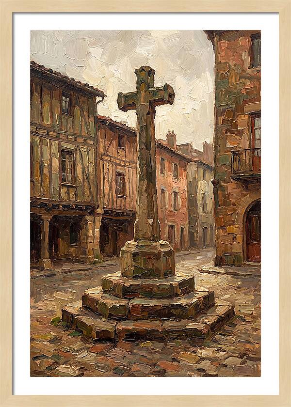 Stone Cross In Medieval Town Square