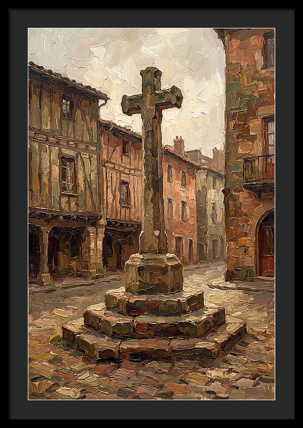 Stone Cross In Medieval Town Square