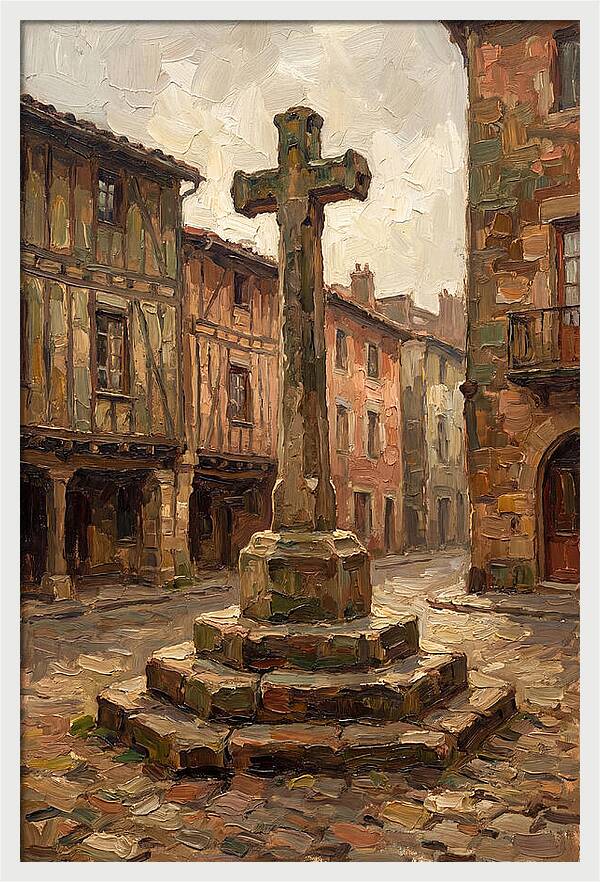Stone Cross In Medieval Town Square