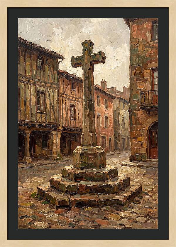 Stone Cross In Medieval Town Square