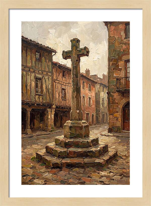 Stone Cross In Medieval Town Square