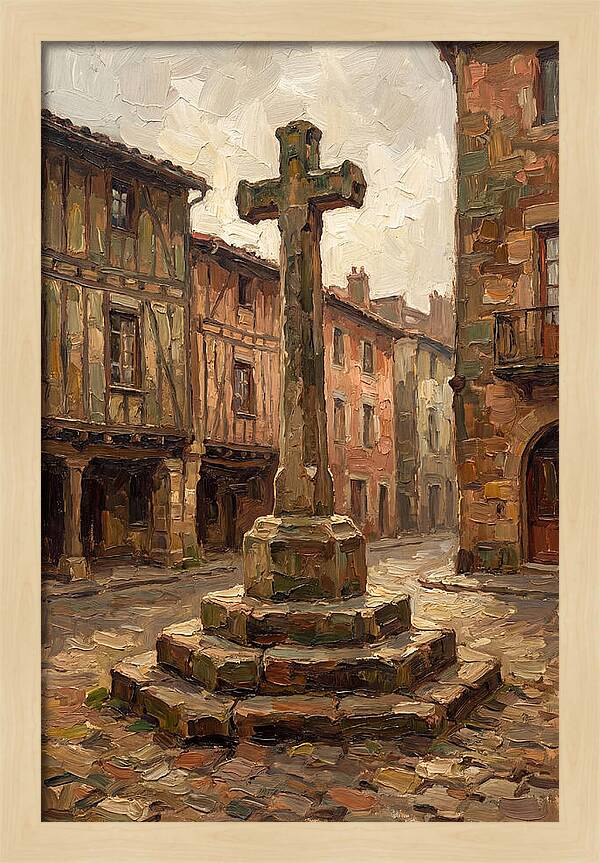 Stone Cross In Medieval Town Square