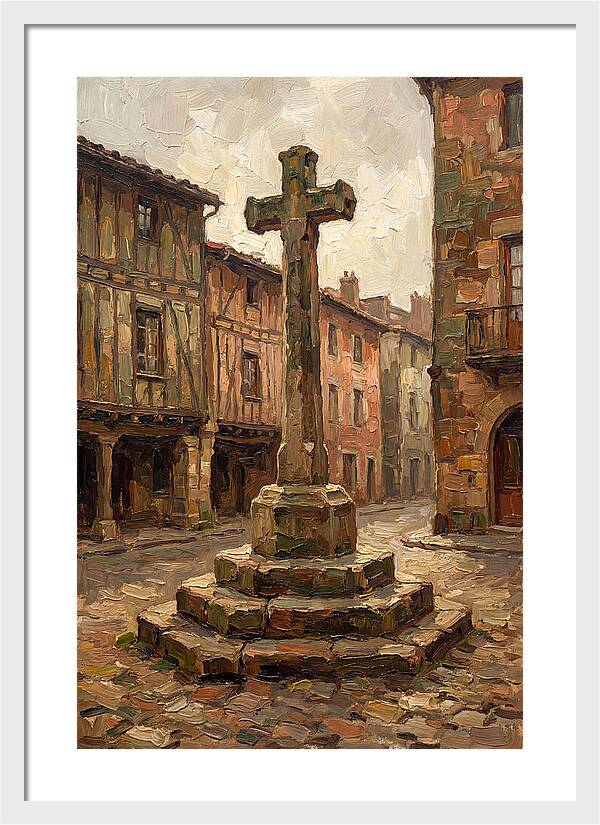 Stone Cross In Medieval Town Square
