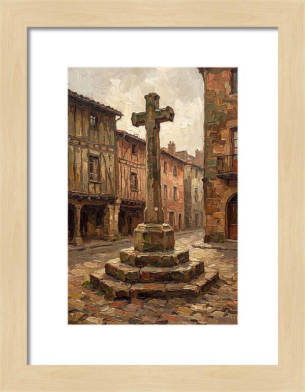 Stone Cross In Medieval Town Square