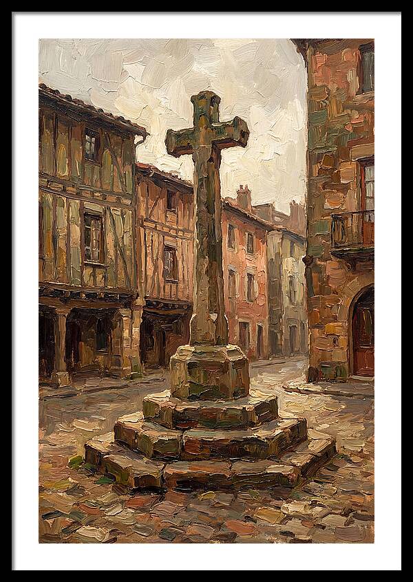 Stone Cross In Medieval Town Square