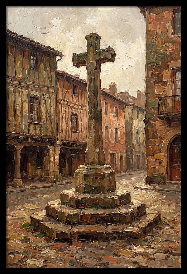 Stone Cross In Medieval Town Square