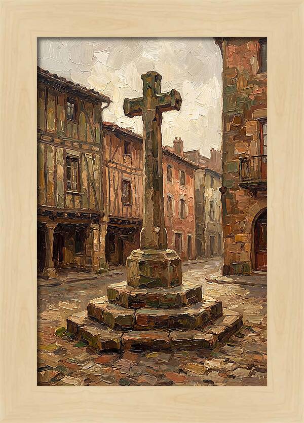 Stone Cross In Medieval Town Square