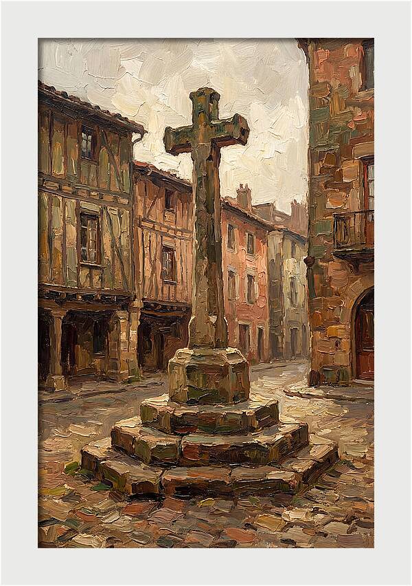 Stone Cross In Medieval Town Square