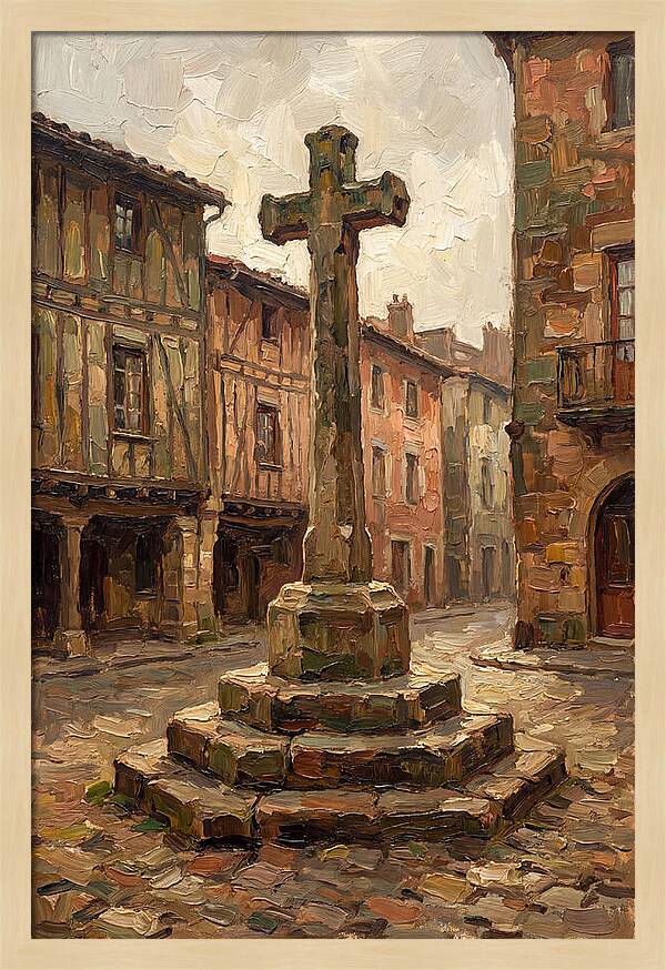 Stone Cross In Medieval Town Square