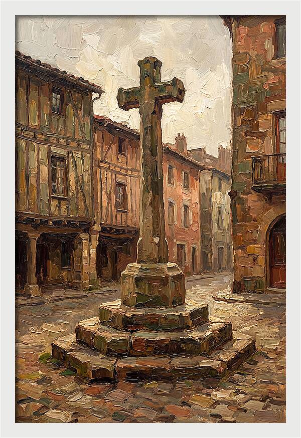Stone Cross In Medieval Town Square