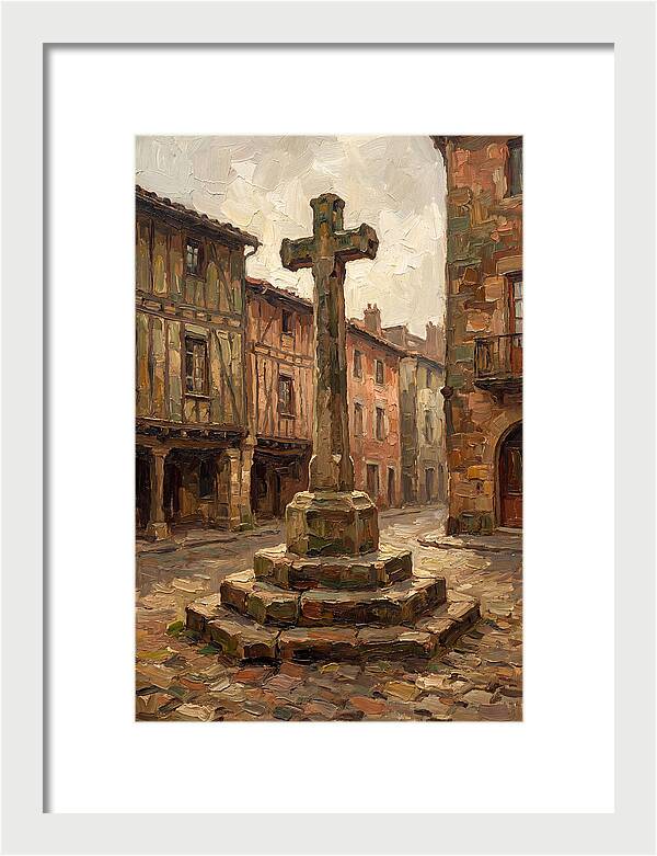 Stone Cross In Medieval Town Square