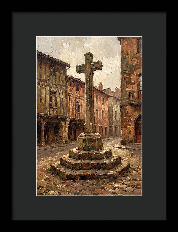 Stone Cross In Medieval Town Square