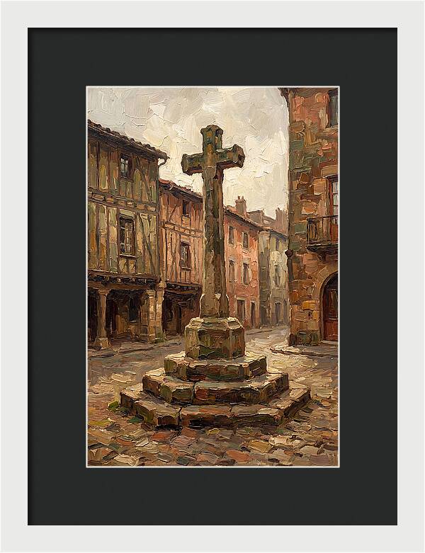 Stone Cross In Medieval Town Square