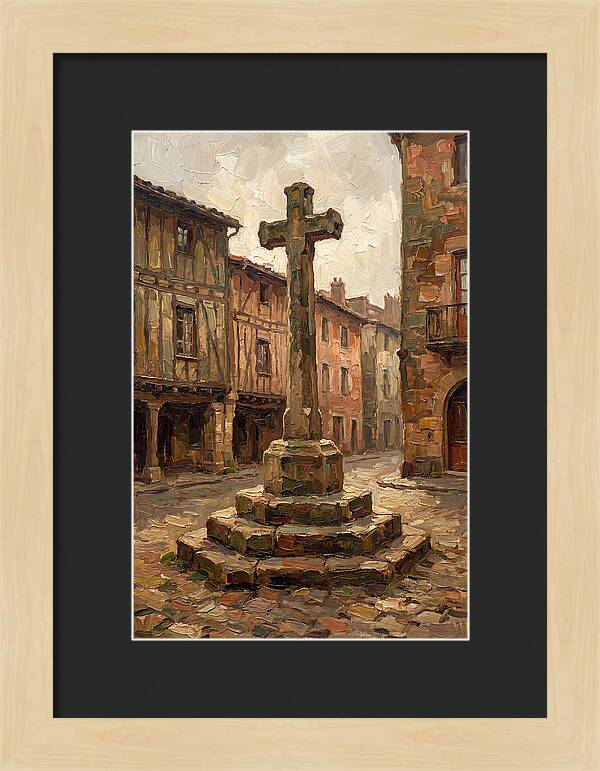 Stone Cross In Medieval Town Square
