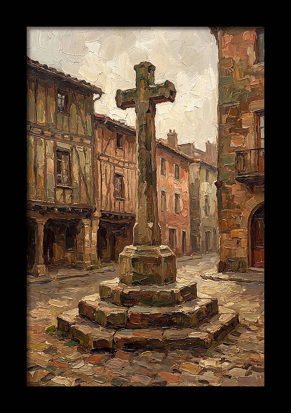 Stone Cross In Medieval Town Square