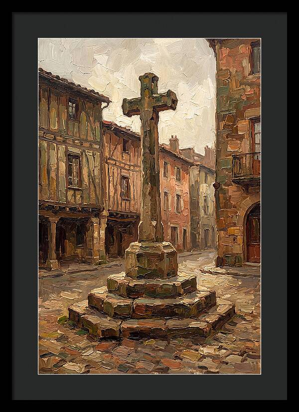 Stone Cross In Medieval Town Square
