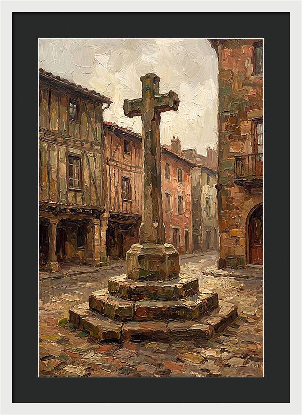 Stone Cross In Medieval Town Square