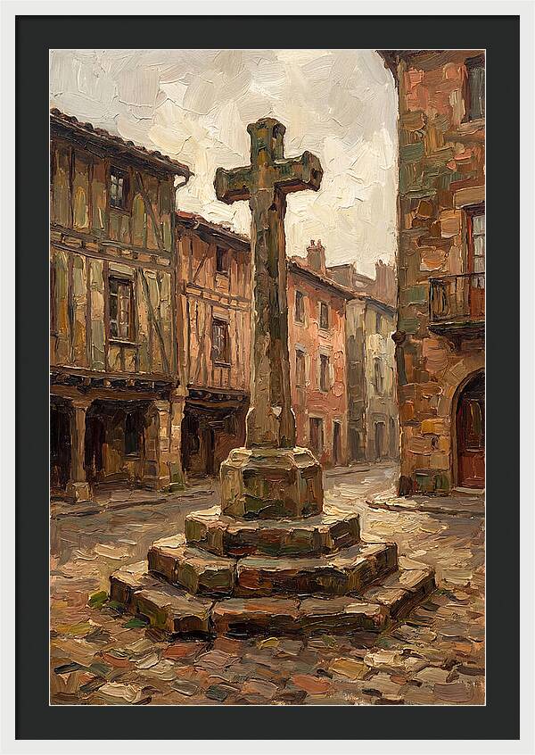 Stone Cross In Medieval Town Square