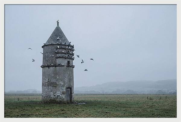 Stone Dovecote Tower In Misty Landscape