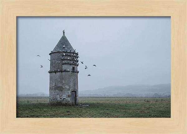 Stone Dovecote Tower In Misty Landscape