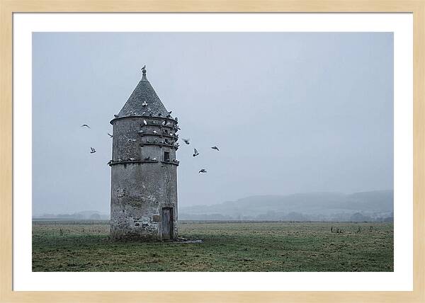 Stone Dovecote Tower In Misty Landscape