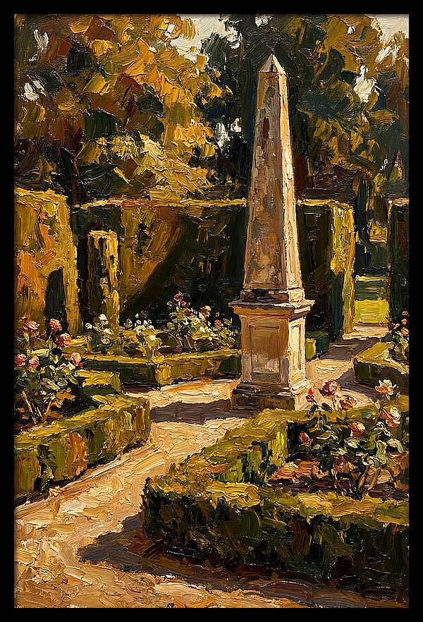 Stone Obelisk In A Formal Garden