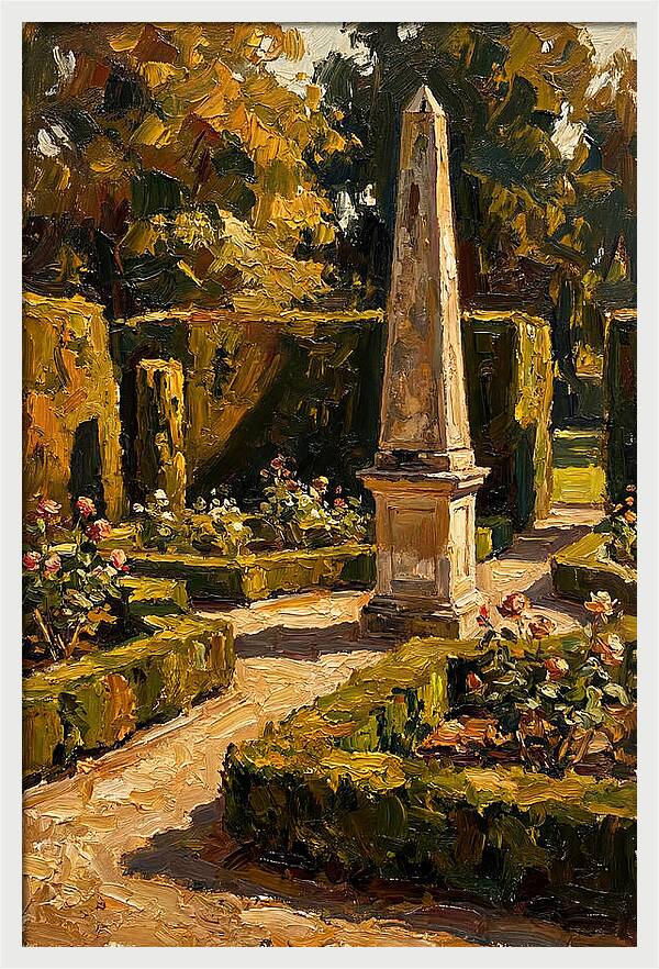 Stone Obelisk In A Formal Garden