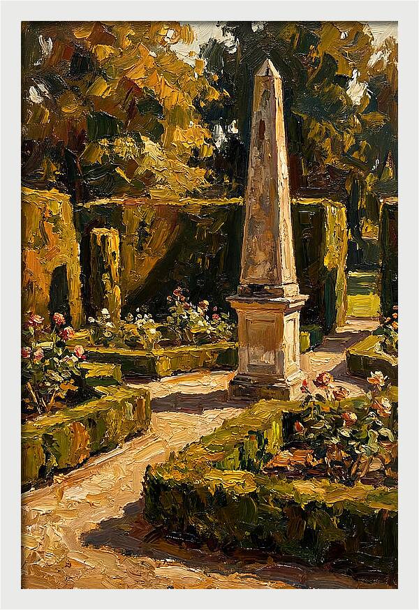 Stone Obelisk In A Formal Garden