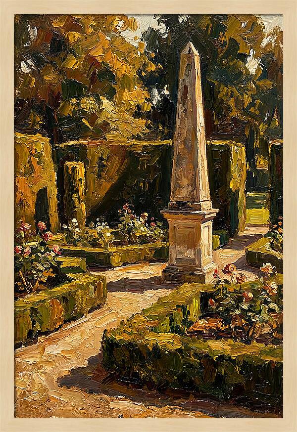 Stone Obelisk In A Formal Garden