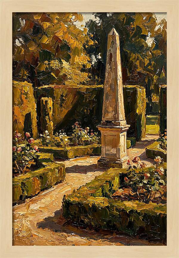 Stone Obelisk In A Formal Garden
