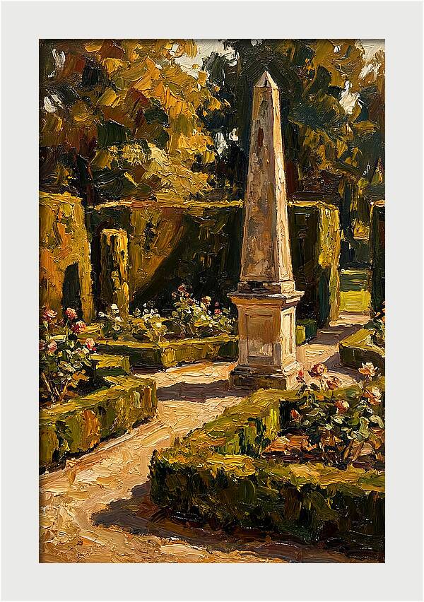 Stone Obelisk In A Formal Garden