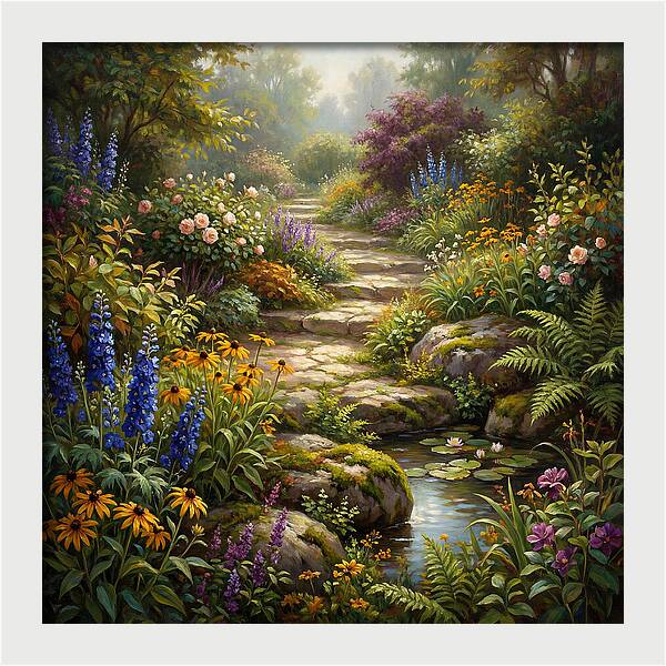 Stone Path Through Blooming Garden
