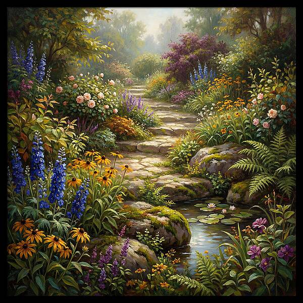 Stone Path Through Blooming Garden