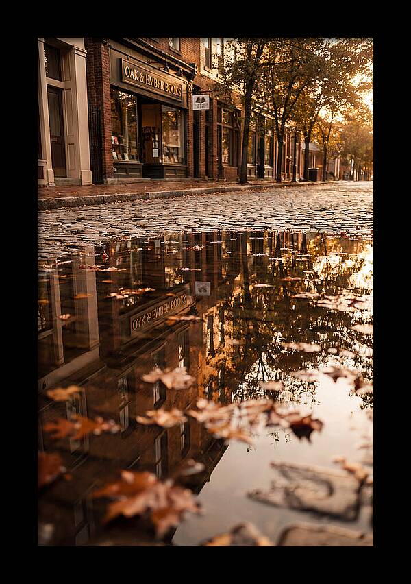 Storefront Reflection In Autumn Puddle