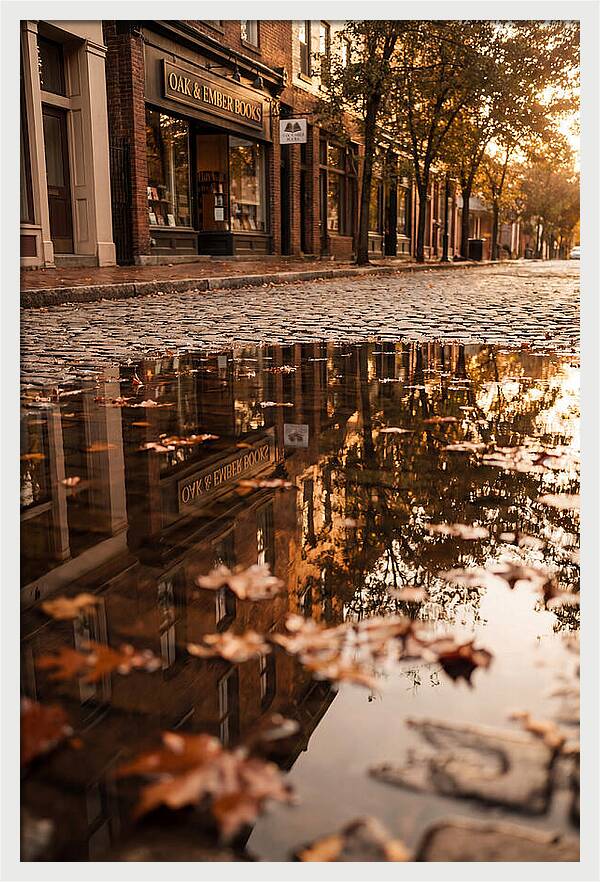 Storefront Reflection In Autumn Puddle
