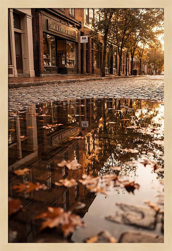 Storefront Reflection In Autumn Puddle