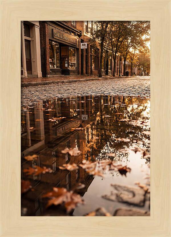 Storefront Reflection In Autumn Puddle