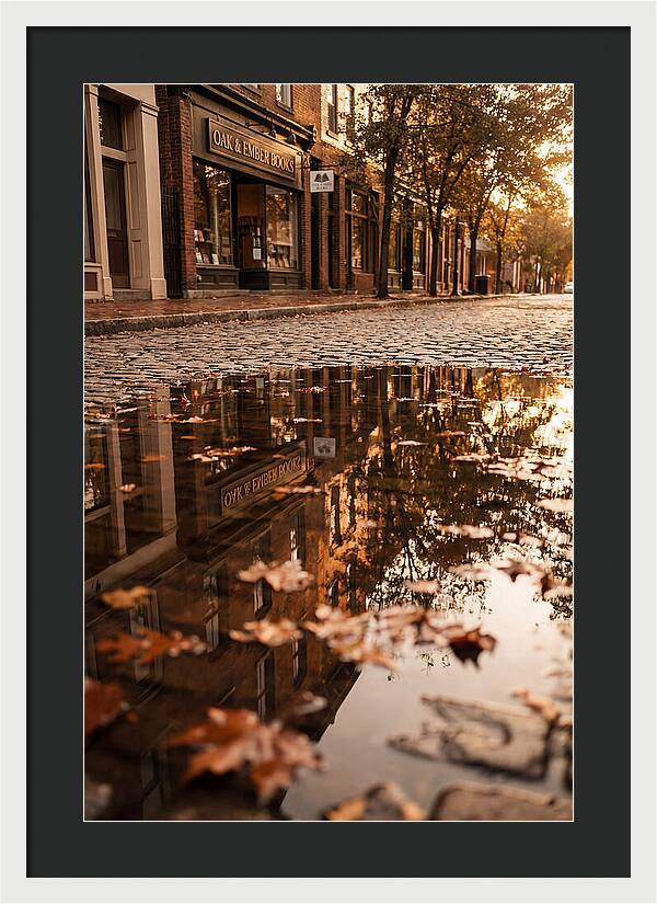 Storefront Reflection In Autumn Puddle