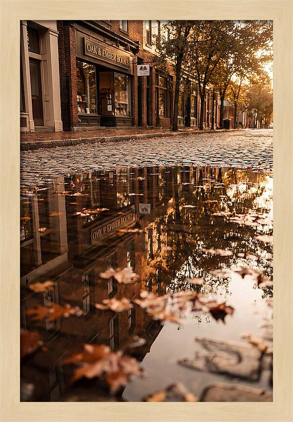 Storefront Reflection In Autumn Puddle