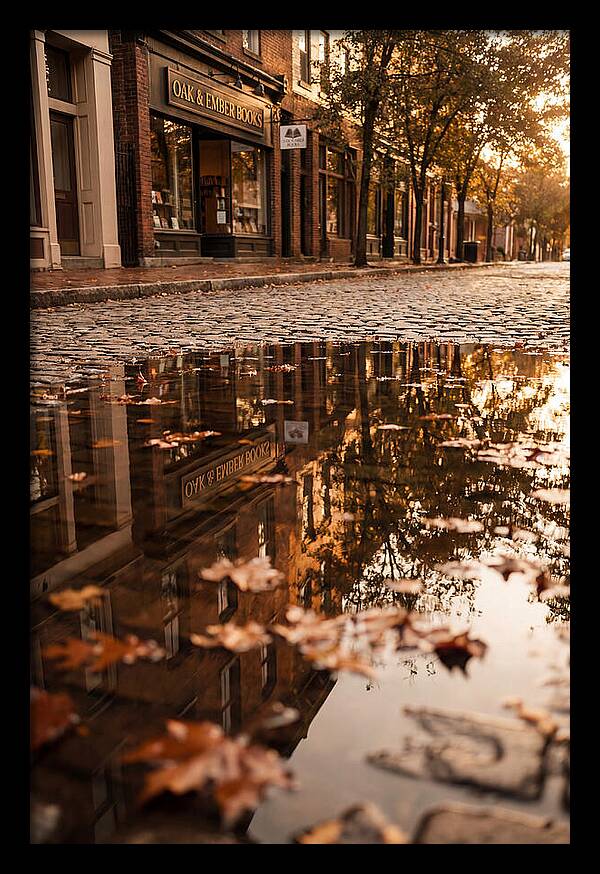Storefront Reflection In Autumn Puddle